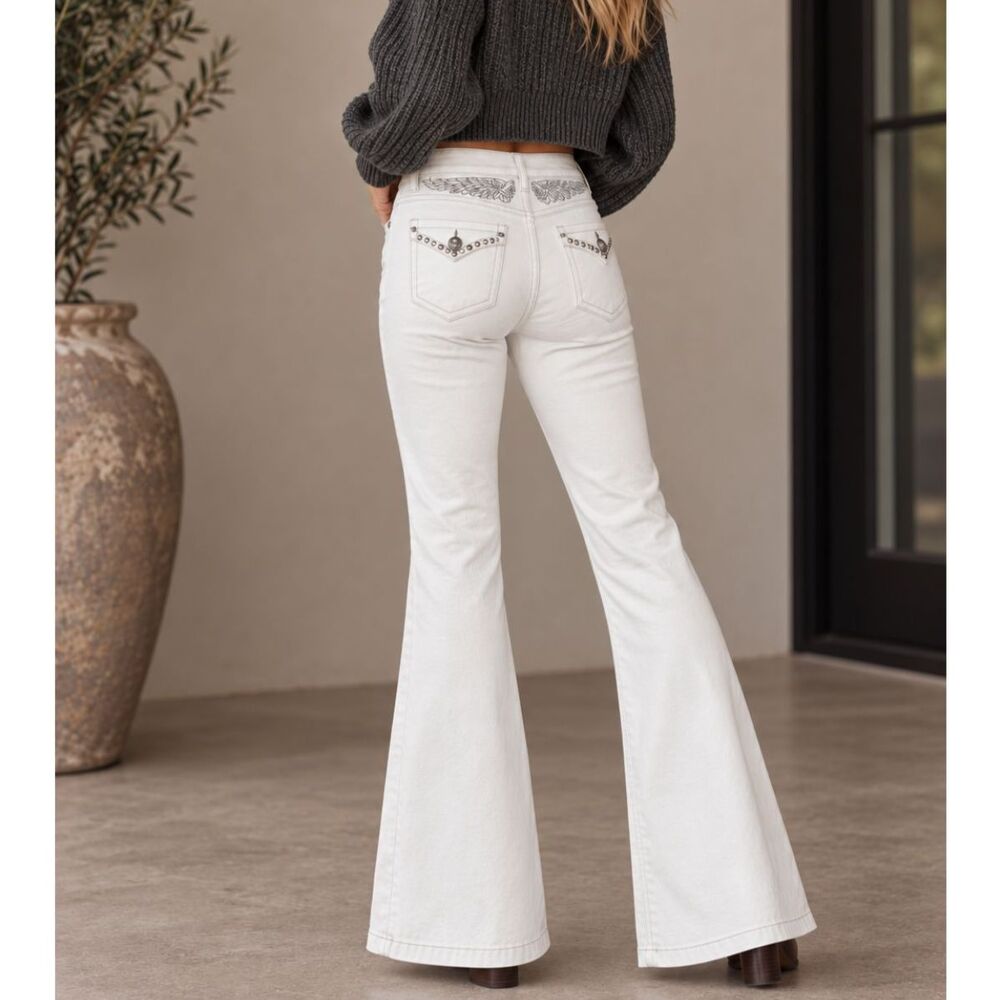 NWT Bamboo White Flare Denim Jeans Embroidered Wings and Rhinestones Size 5